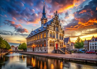 Obraz premium Historic Gouda City Hall, Netherlands: 15th-Century Architecture, Dutch Landscape