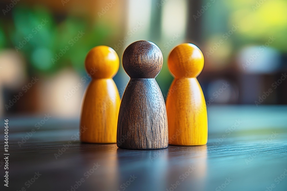 Poster three wooden figures in focus at a table in a bright space with greenery in the background, symboliz