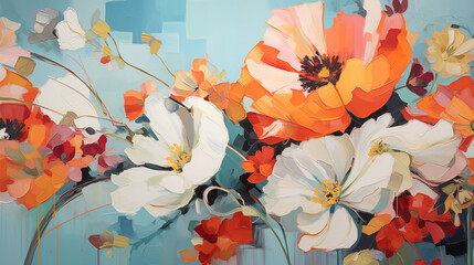 Vibrant abstract floral art with bold colors and intricate details on a serene background
