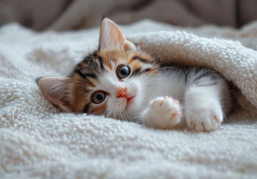 playful fluffy kitten lying on soft white blanket washing little paws