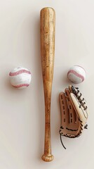 Baseball bat, baseballs, and glove on a light background