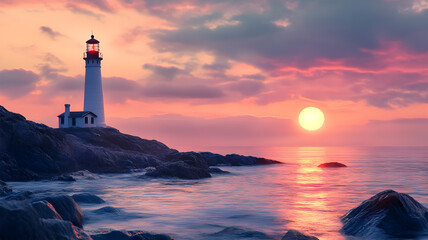 Lighthouse standing on a coastal cliff at sunset with warm purple and pink sky