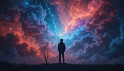 Obraz premium Silhouette of a young adult male standing against a vivid cosmic cloudscape