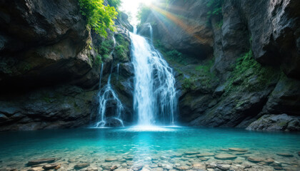 Naklejka premium Serene Waterfall in a Hidden Gorge