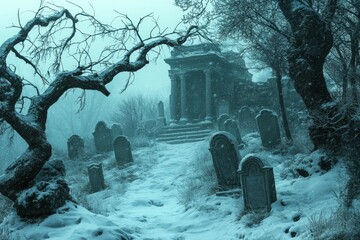 Snowy graveyard tomb in cold misty landscape