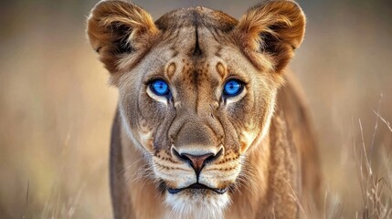 Obraz premium Close-up of a lioness with striking blue eyes in a natural savannah habitat, showcasing her beauty and strength