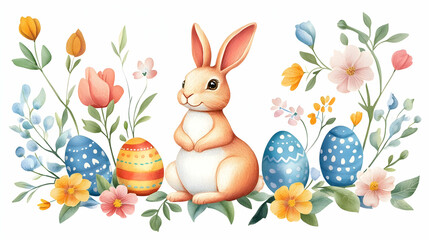 Easter bunny amidst spring flowers and decorated eggs; perfect for cards or springtime celebrations