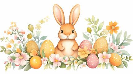 Easter bunny amidst spring flowers and eggs; festive illustration for cards or websites