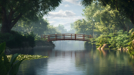 Fototapeta premium Wooden footbridge over a tranquil stream surrounded by lush garden greenery and morning light
