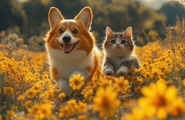 Corgi and Fluffy Cat Running Together in Sunny Spring Meadow Full of Yellow Wildflowers
