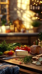 Fototapeta premium Charming dining table set with fresh ingredients, artisanal bread, and rich cheeses in cozy lighting