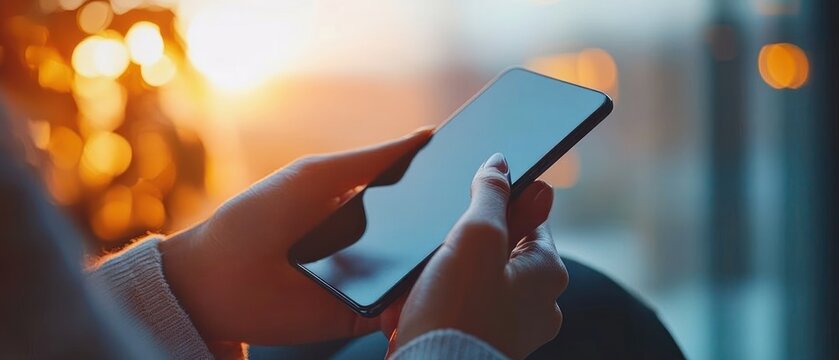 Close-up of Business Woman Holding Smartphone in Modern Office Touching Screen Surfing Internet - Powered by Adobe