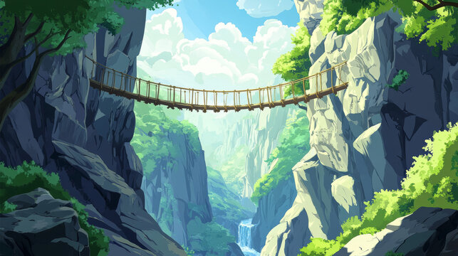Fototapeta Suspended bridge hang above steep mountain cliff, green rocky landscape background. Beautiful scenery nature view with rope bridgework connect rock edges at summer day, Cartoon vector illustration