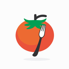 Vector illustration of a ripe tomato pierced by a fork, symbolizing fresh and healthy eating.