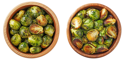 Roasted Brussels Sprouts in Wooden Bowl with Caramelized Edges on Transparent Background