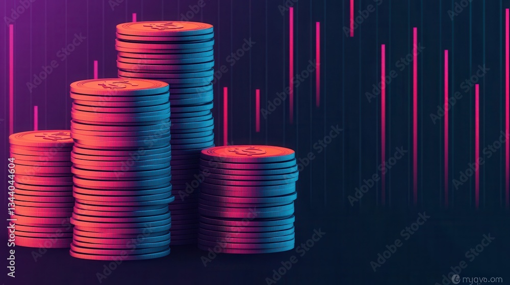 Poster stacked coins against colorful background with graphical elements representing financial growth and 