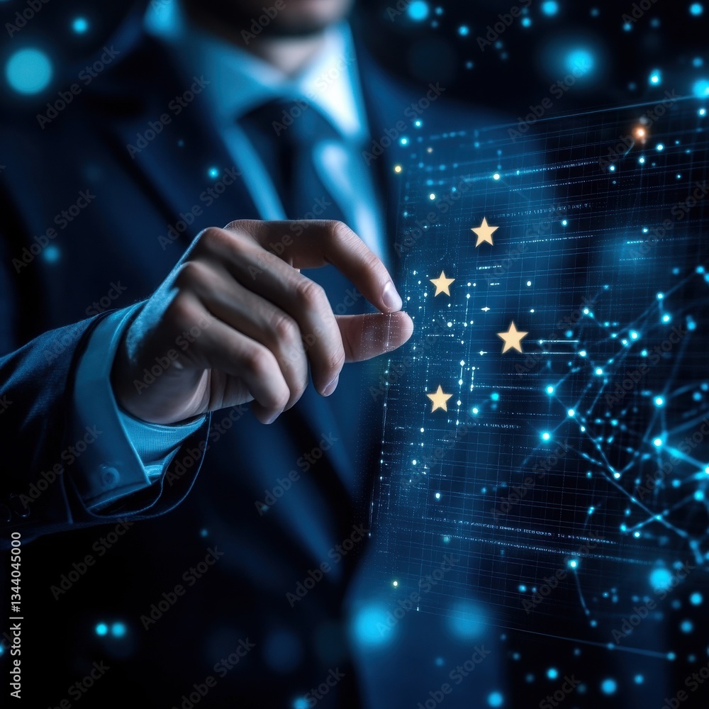Poster businessman interacting with a holographic interface showing a star rating system for customer feedb