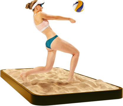 Young woman, beach volleyball player with ball on sand in 3D model of phone screen isolated on transparent background. Online broadcasts. Concept of sport, game, event, gadgets, betting. Ads
