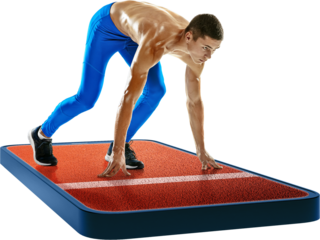 Young muscular shirtless man, runner getting ready to start standing on 3d phone screen isolated on transparent background. Concept of sport, game, event, gadgets, betting. Ads