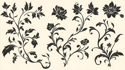 Elegant floral design elements; swirls, leaves, and flowers; cream background; for design projects