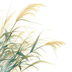 .Illustration of trees, leaves, grass and various botanical elements on a white background.