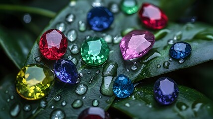 A collection of colorful gemstones scattered across a green leaf covered in water droplets