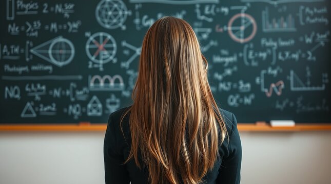 Female Student Analyzing Complex Mathematical Equations on Classroom Chalkboard