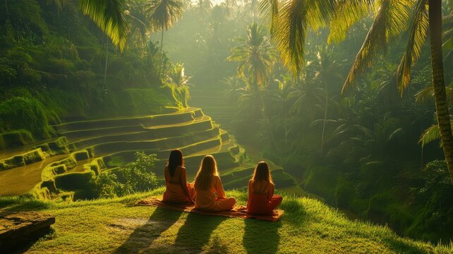 Serene meditation retreat amidst lush rice terraces at sunrise in Bali