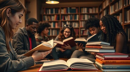 Group of Students Reading Books Together in a Cozy Library Setting,adult education