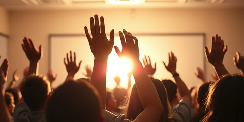Engaged Audience Members Raising Hands at an Interactive Seminar Event
