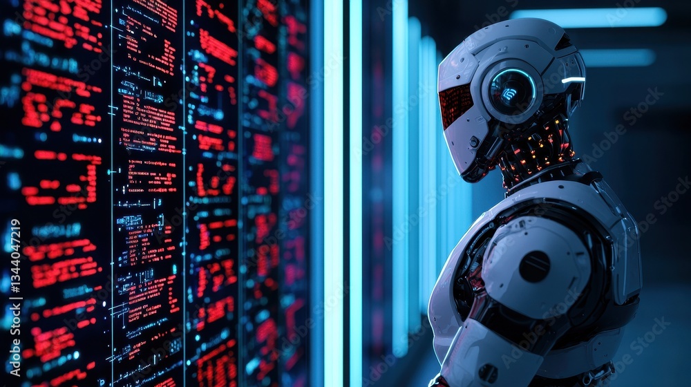 Poster futuristic robot analyzing data on digital wall with red glowing codes in a high-tech environment