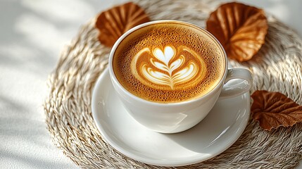 Latte art on woven placemat, Autumn sunlight