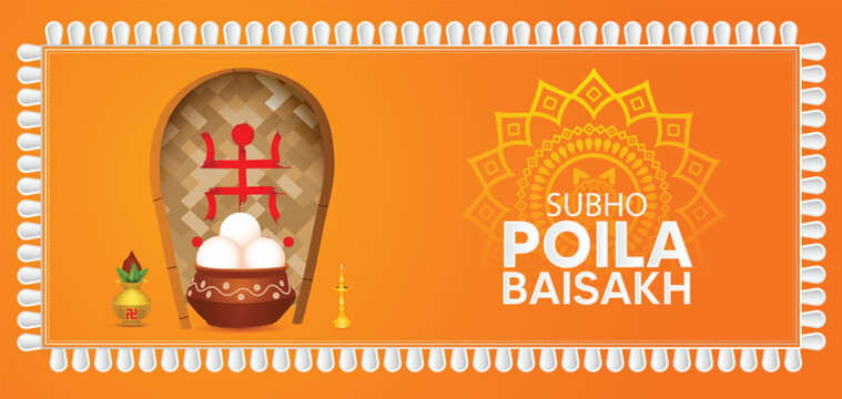 Bengali new year Subho Poila Baisakh 14 April bamboo soop with Bengali sweet vector poster