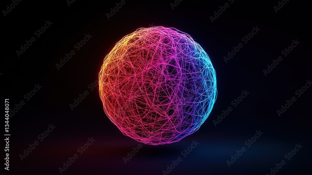 Poster abstract colorful sphere with neon light trails in a dark background for digital art and technology 