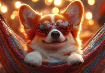 Corgi Dog in Hammock with Heart Sunglasses in Vibrant Summer Garden with Soap Bubbles