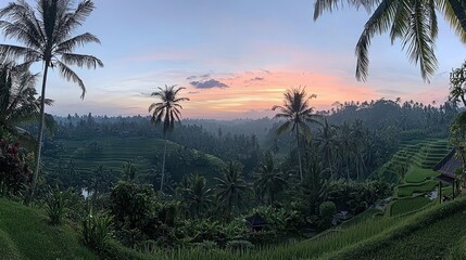 Obraz premium Serene sunrise over lush rice terraces in tropical Balinese landscape
