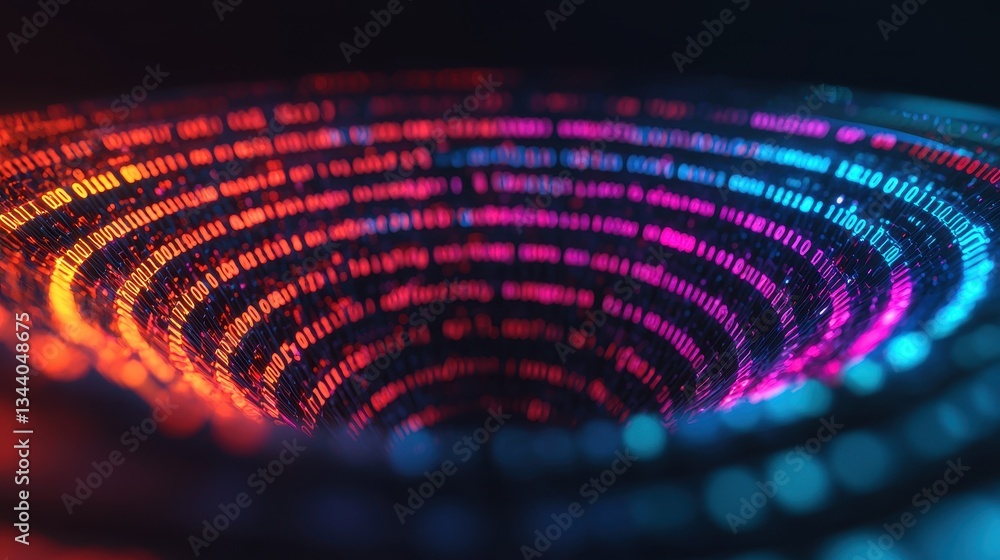 Poster Abstract Digital Data Concept with Vibrant Colors and Binary Code Flowing in a Tunnel Formation