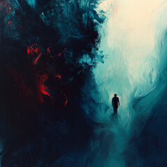 A surreal abstract representation of childhood fear, dark swirling shapes, distorted shadows looming over a small figure, sharp contrast of deep blues and reds