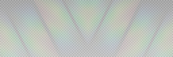 Rainbow light prism effect, transparent background. Hologram reflection, crystal flare leak shadow overlay.