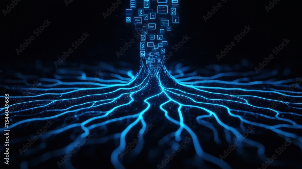 Poster abstract digital flow with glowing blue lines and data icons emitting from central source on black b