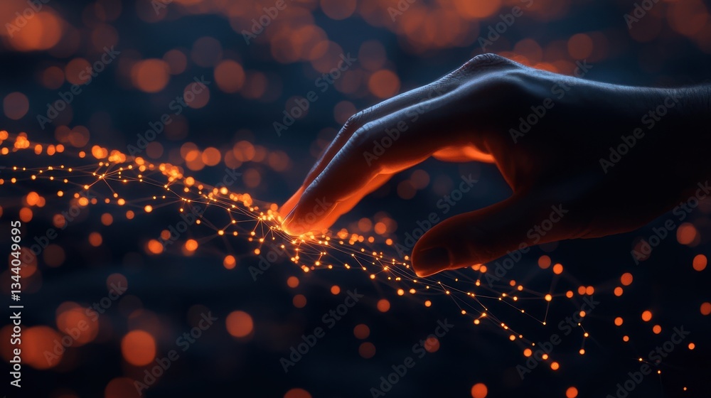 Aufkleber hand connecting with digital particles in a futuristic abstract scene of light and technology
