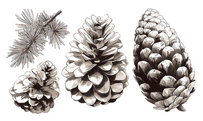 .Illustration of trees, leaves, grass and various botanical elements on a white background.