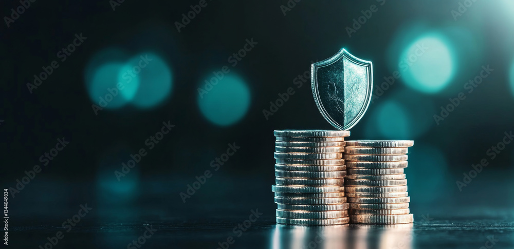 Poster Stacks of coins are arranged neatly, topped with a shield symbolizing security and privacy. The background is softly blurred, creating a focus on the importance of safeguarding banking information.
