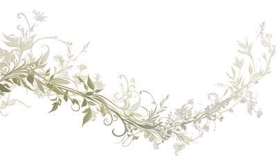 .Illustration of trees, leaves, grass and various botanical elements on a white background.