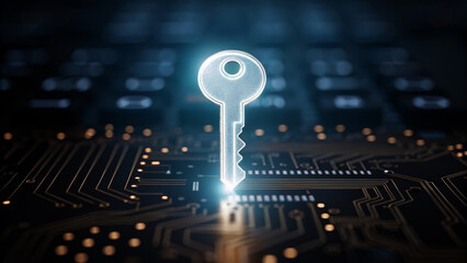 A glowing key hovers above a circuit board, symbolizing technology and innovation.