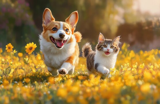Corgi Dog and Fluffy Cat Run Playfully in Sunny Spring Meadow Filled with Yellow Wildflowers