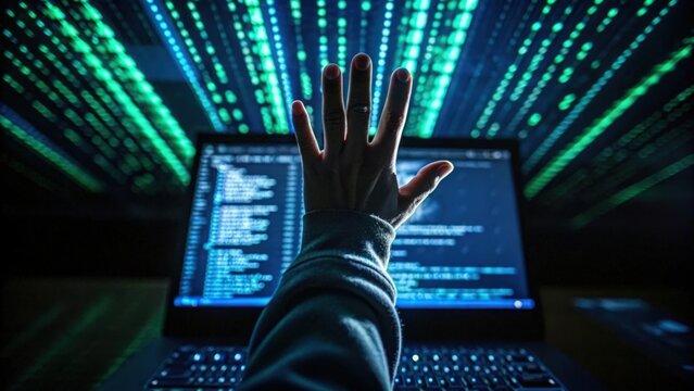 A hacker's hand reaches for glowing digital data, symbolizing cyber technology and information security.