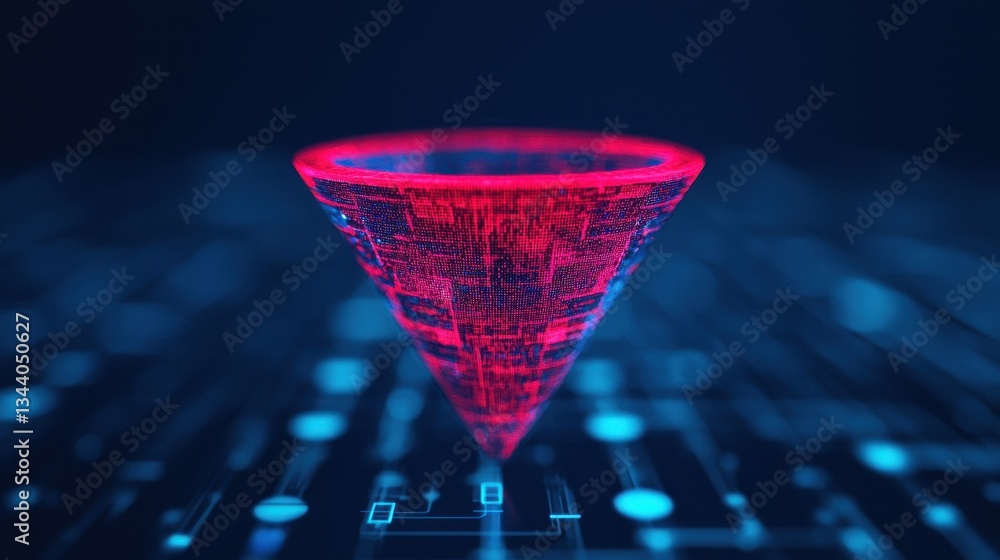 Aufkleber futuristic digital cone shape with neon red glow on abstract technological background