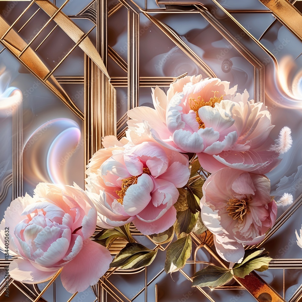 Poster beautiful peonies with golden geometric patterns in a modern design setting