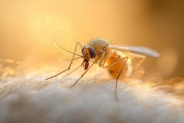 mosquitoes feeding on dog's nose in summer garden closeup macro photography with soft bokeh and natural light
